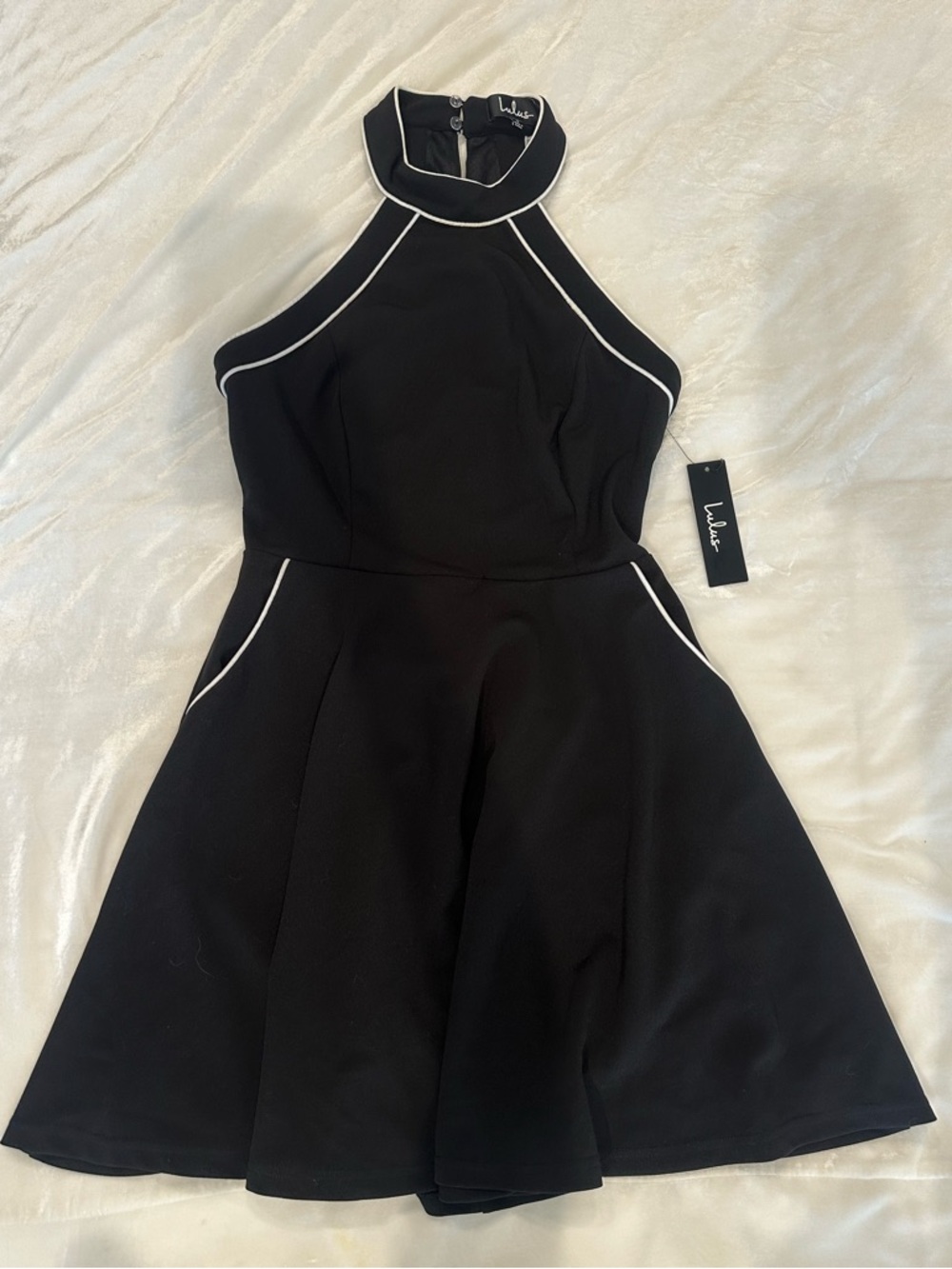 Lulu's Black Skater Dress with White Piping Detail and Pockets